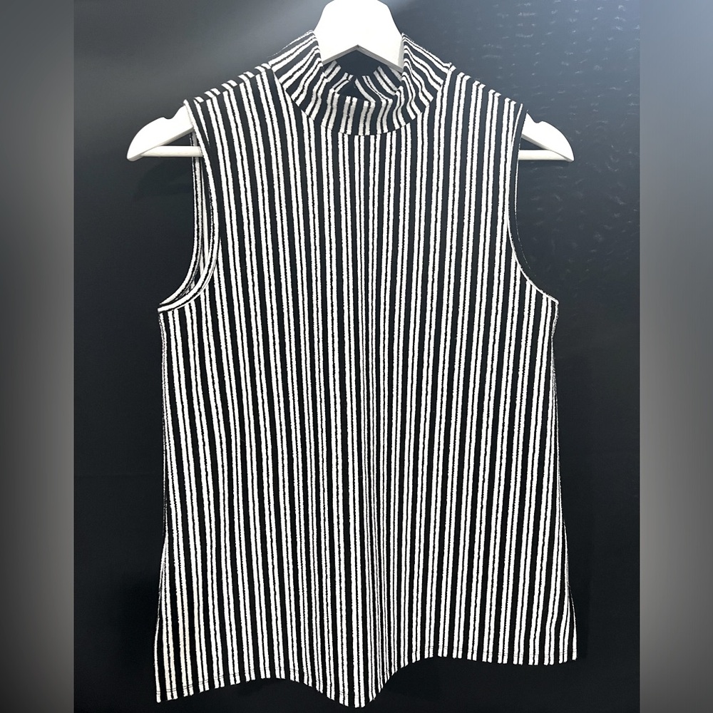 Cable & Gauge black and white stripped sleeveless turtle neck.
